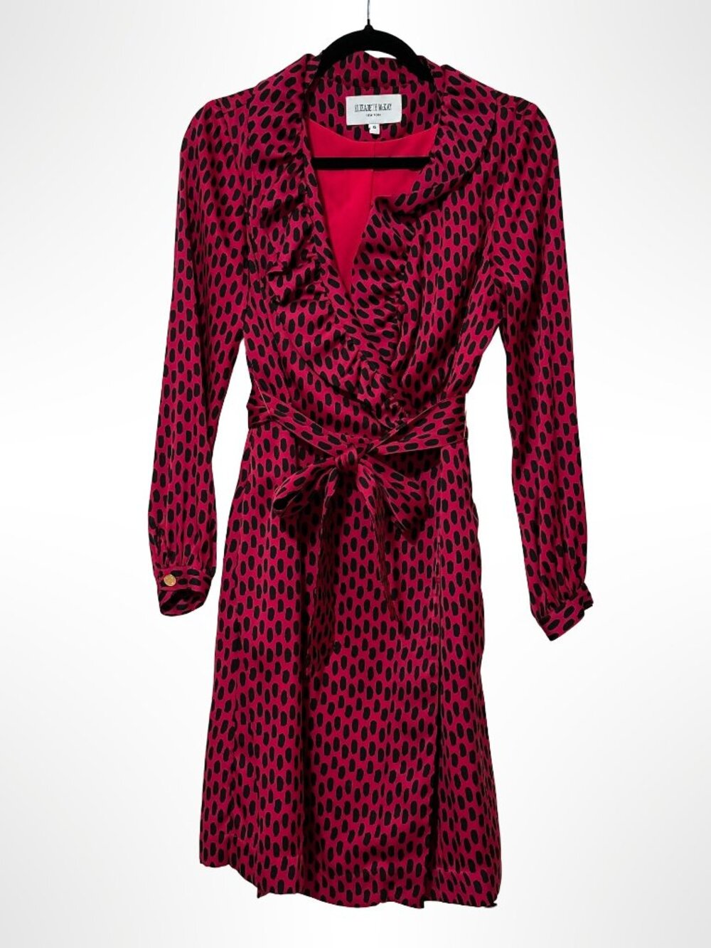 ELIZABETH MCKAY Silk Wrap Brushstroke Dot Print Dress Fuchsia Black Size 6